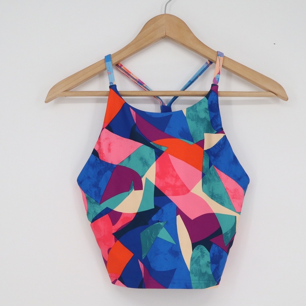 Old Navy Active Powersoft High Neck Sports Bra Medium Abstract Geometric Blue M
